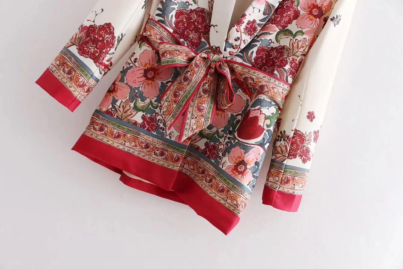 Women's suit female retro style flower Matching Belt pattern blazer European-style casual holiday jacket + pants Suits pajamas |