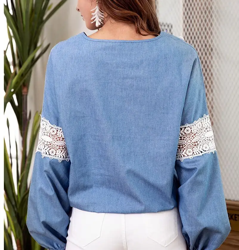 Женские рубашки осень 2020 синие топы из денима стильная популярная кружевная