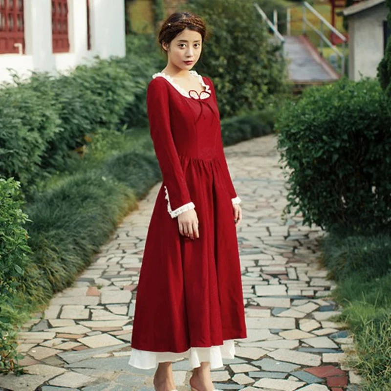 Spring Autumn Women Dress Court Style Vintage Lace Elegant Ladies Slim Corduroy Sexy Slit Wine Red Long Clothes | Женская одежда