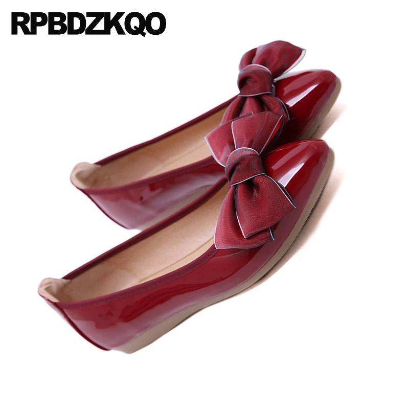 Cheap Pointed Toe Large Size Chinese Patent Leather 2021 Shallow Shoes Ladies Soft Ballet Flats Women Slip On Red Wine Gray Bow | Обувь
