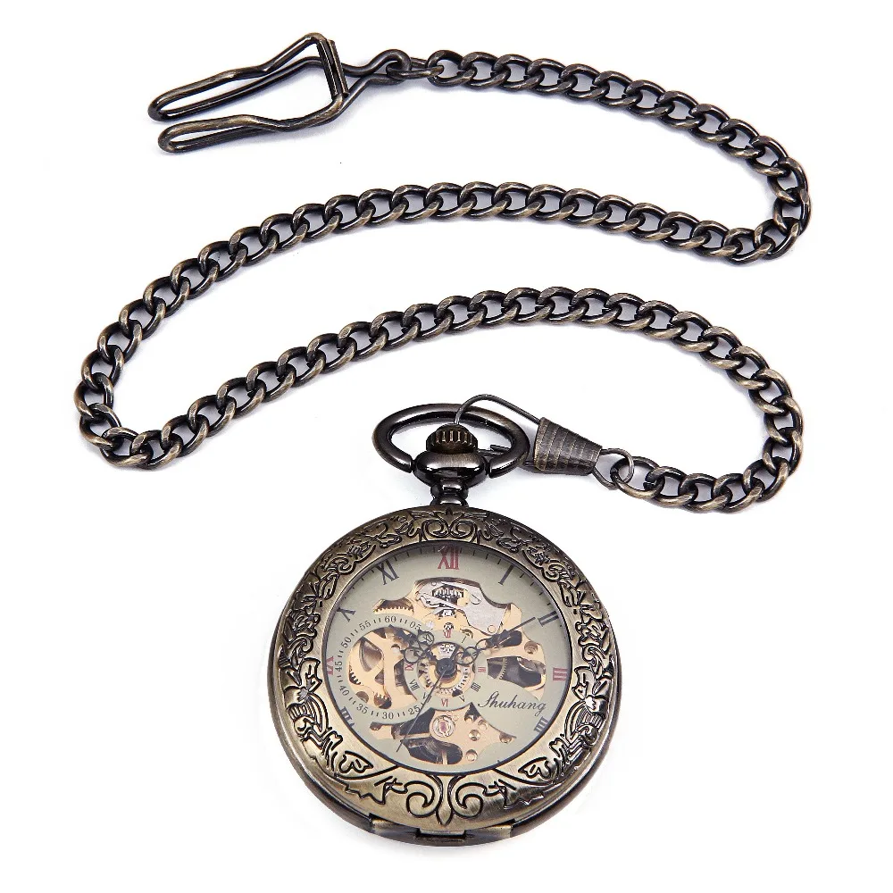 Antique Bronze Tone Clock Transparent See Though Case Steampunk Skeleton Mechanical Pocket Watch For Men Gifts reloj de bolsillo | Наручные