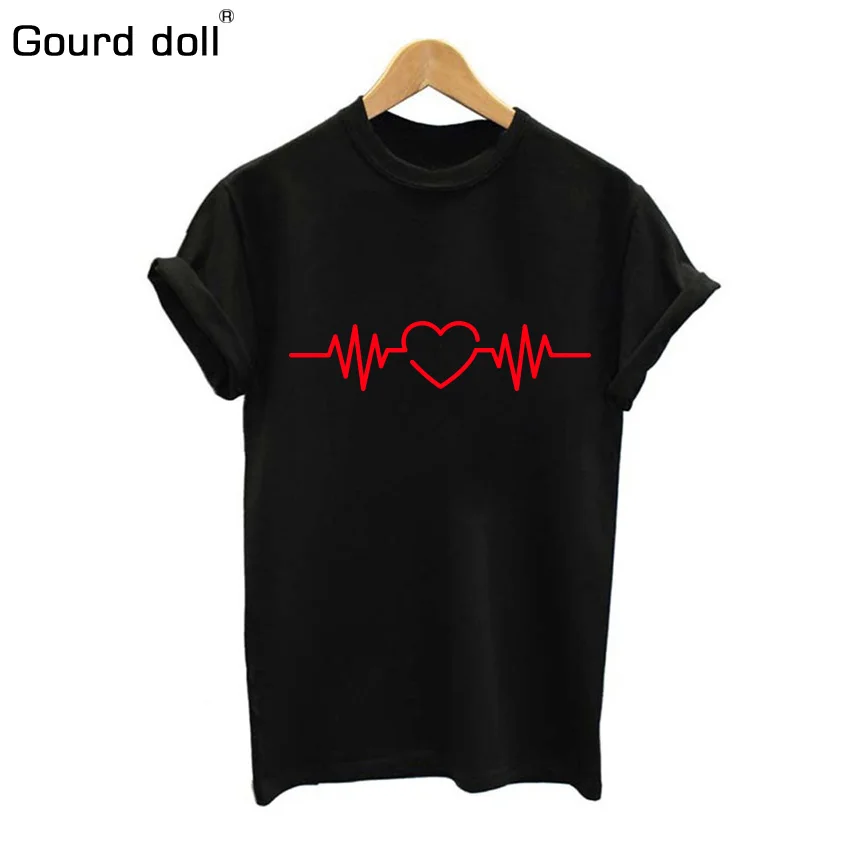 black-red-2 Gourd Doll Хлопковая женская футболка с принтом Love, летняя футболка, Повседневная разноцветная забавная футболка с рисунком, женский топ, модная футболка - Цвет: black-red-2