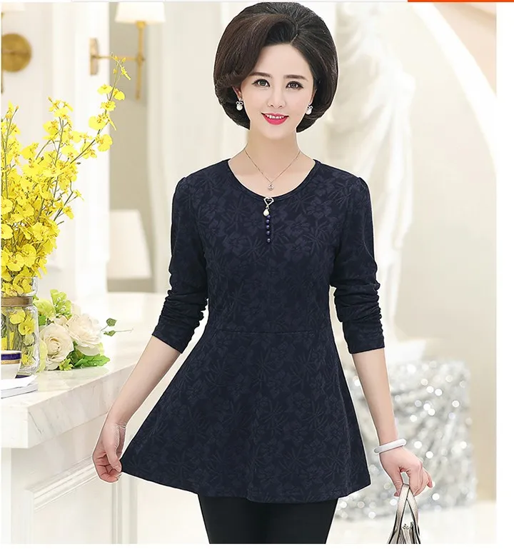 Spring New Middle-Aged Women Tops& Tees O-Neck Fashion Print Thickening Long T Shirt Women T363