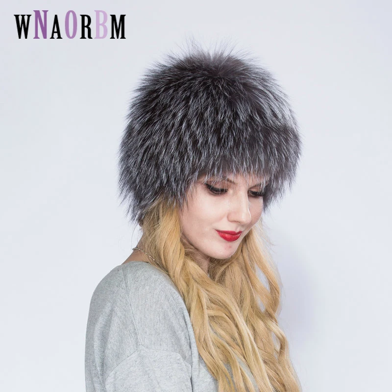 Hot Sale 100% Natural Silver Fox Fur Women Winter Hat Knitted Cap Women Hat Fox Fur Bomber Hat Female Ear Warm Winter Must