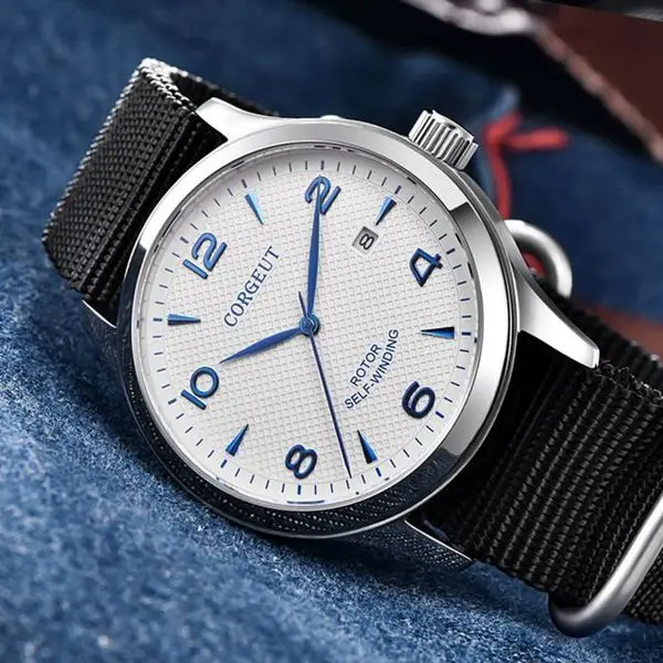 nylon white dial Corgeut самовзводные механические часы Роскошные Топ бренд кожа сапфировое стекло спортивные мужские автоматические мужские наручные часы - Цвет: nylon white dial