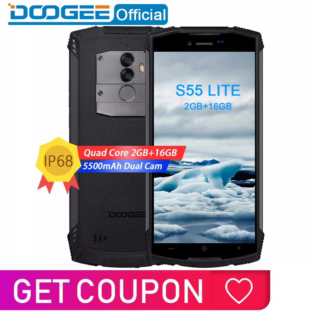 IP68 DOOGEE S55 Lite водонепроницаемый смартфон 2 Гб ОЗУ 16 ПЗУ 5500 мАч MTK6739 Dual SIM VoLTE 13 0 МП