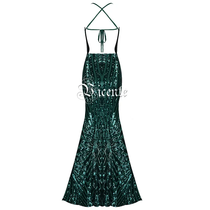 Женское платье с блестками расшитое зелеными на бретельках открытой спинкой