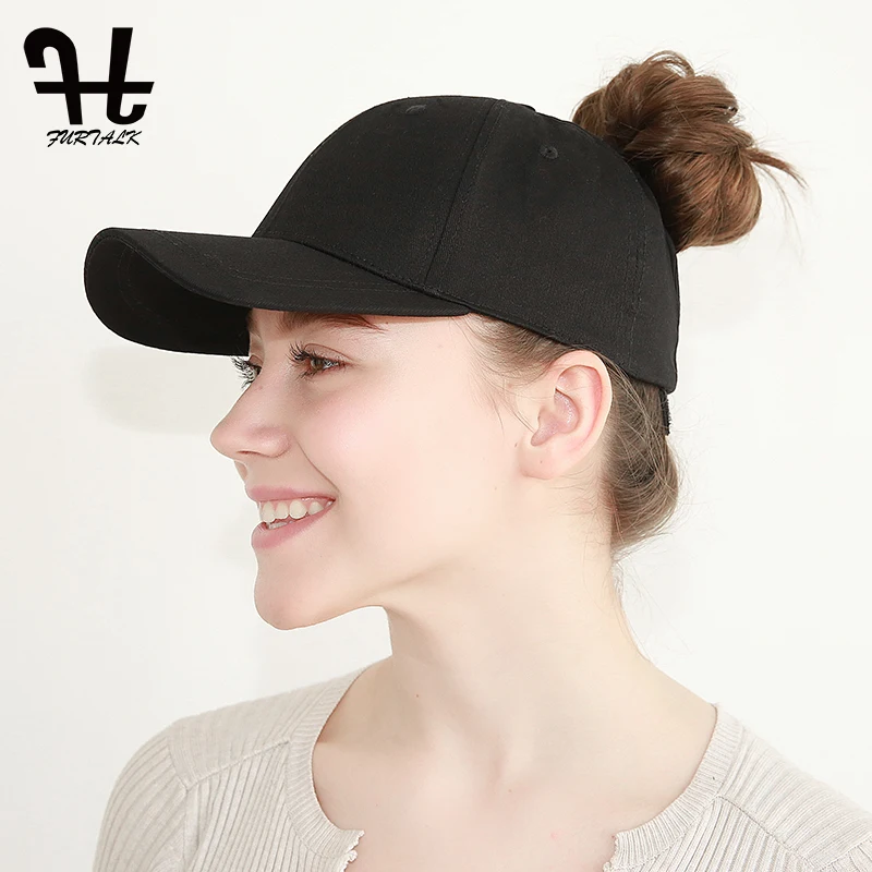 FURTALK черная бейсбольная шапка женщины регулируемая хлопок Hat грязной Бун хвостик