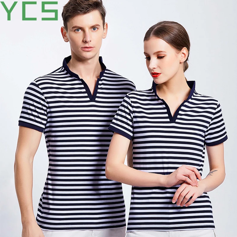 YSC Store 2019 Summer 65% Cotton short sleeve stripe couple tshirt Unisex men /tshirt ladies for company uniform | Женская одежда