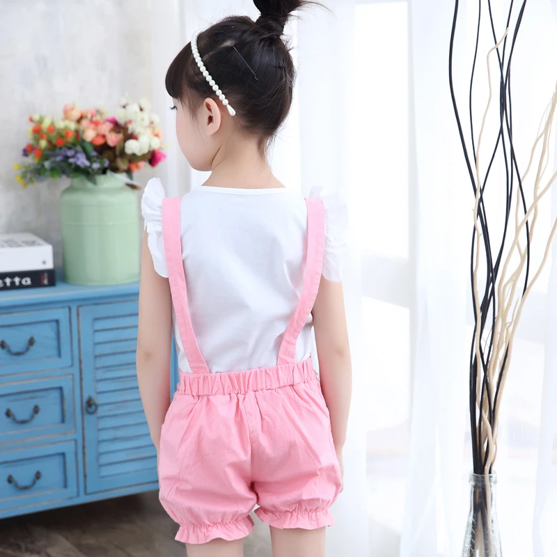 2018 Khaki Pink Girls Sets Cotton T-shirt + Overalls 2 Piece Set Child Clothes Costume Short Sleeves Girl Baby Kids Suits 5cs443 | Детская