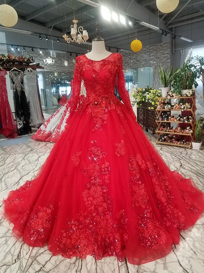 Red Lace Tulle Crystals Prom Dresses 2018 Long Sleeves O Neck Sequins Sexy Princess Gowns Formal Party | Свадьбы и торжества