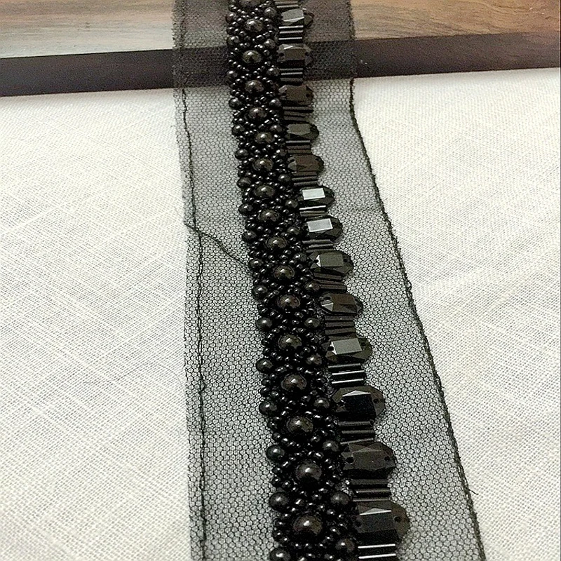 3 ярдов Белый Черный бисером кружевной отделкой горный хрусталь жемчужные бусины
