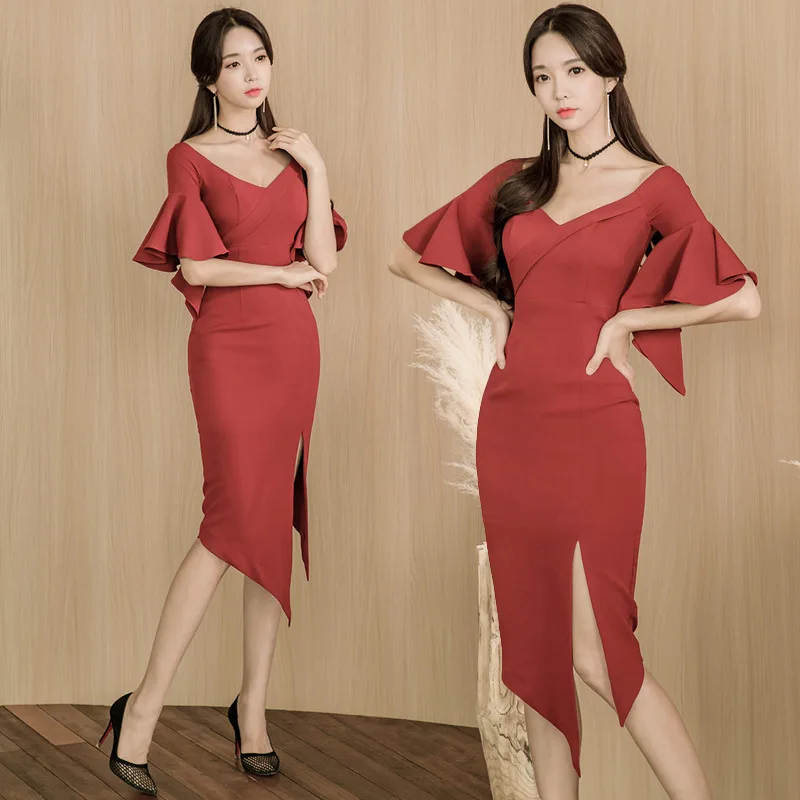 Летнее облегающее платье с v-образным вырезом и рукавом-бабочкой женское для