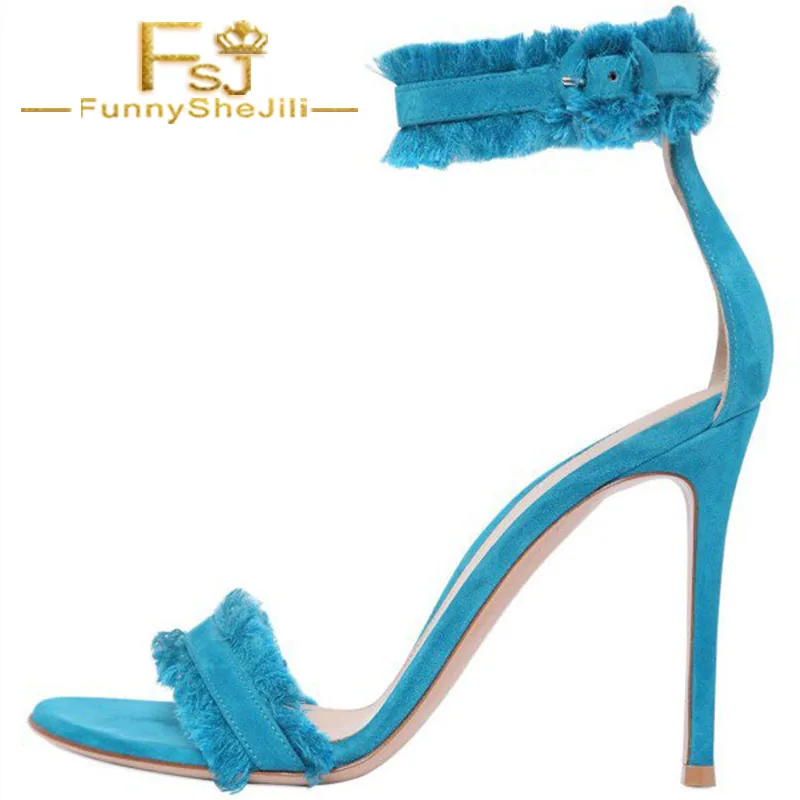 

Blue Fringe Suede Ankle Strap Sandals Spring Summer Anniversary Attractive Noble Incomparable Generous Fashion FSJ Elegant