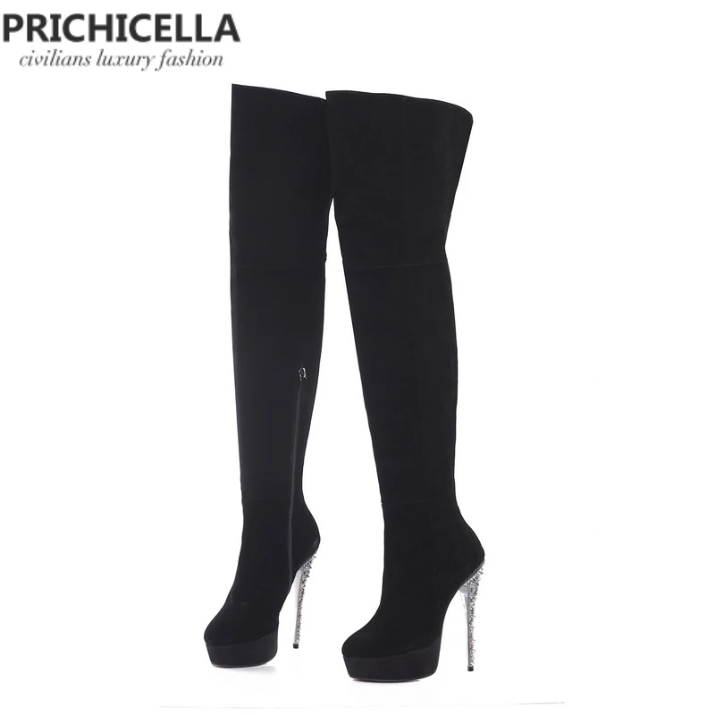 Черные замшевые сапоги на шпильках PRICHICELLA высокие из натуральной кожи платформе