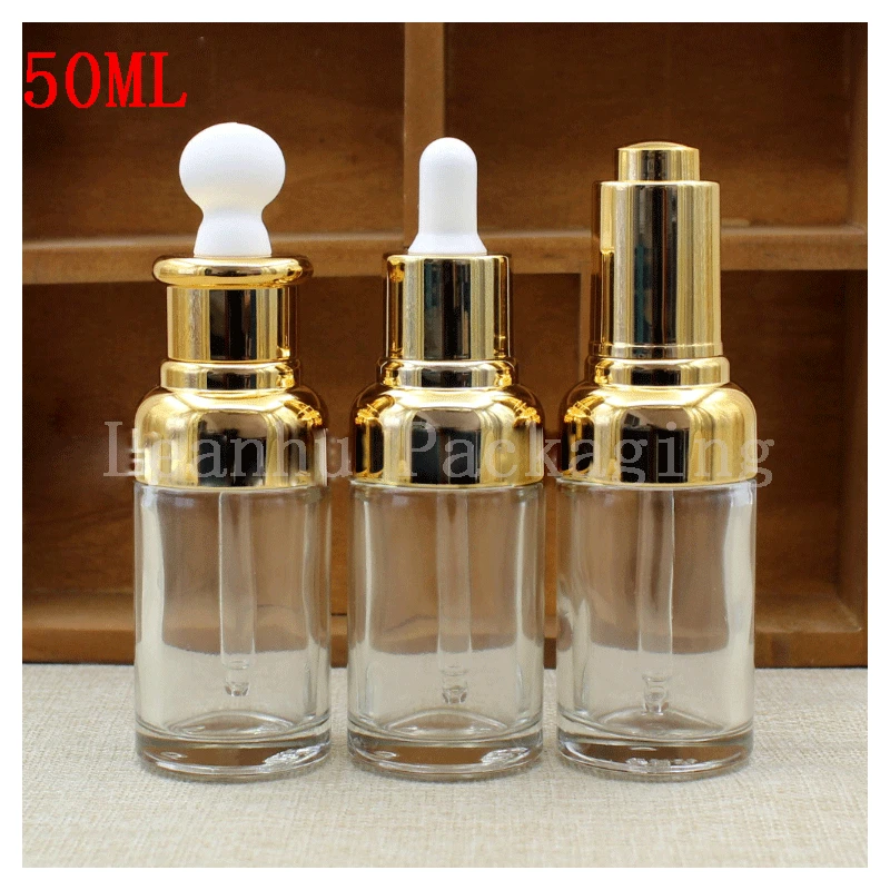 50ml Clear Glass Essential oil Bottle With Gold  Lid , DIY Beauty Skin Care Packing Bottle, Empty Cosmetics Packaging Container