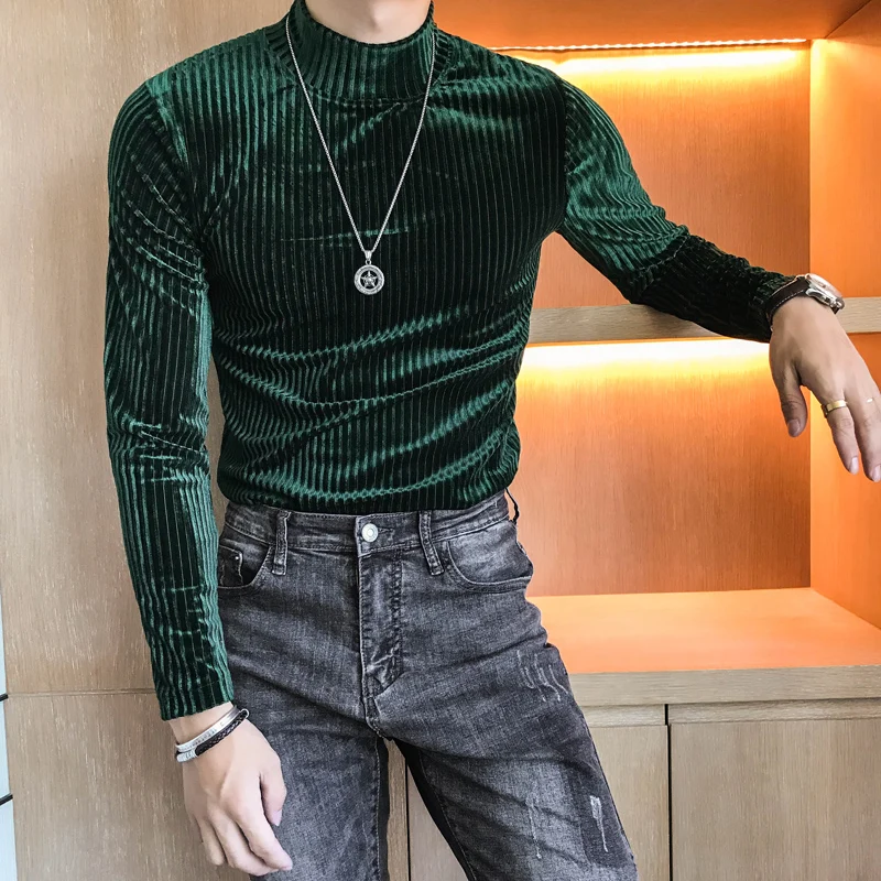 

Men Corduroy Stripe Half Turtleneck Bottoming Tees Shirts male Fashion Casual Slim Fit Long Sleeve T-shirt