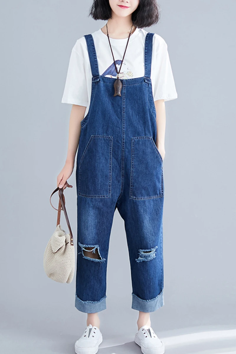 

New Summer Autumn Women Blue Denim Jumpsuit Solid Casual Ripped Hole Pocket Jeans Romper Fashion Female Long Overalls