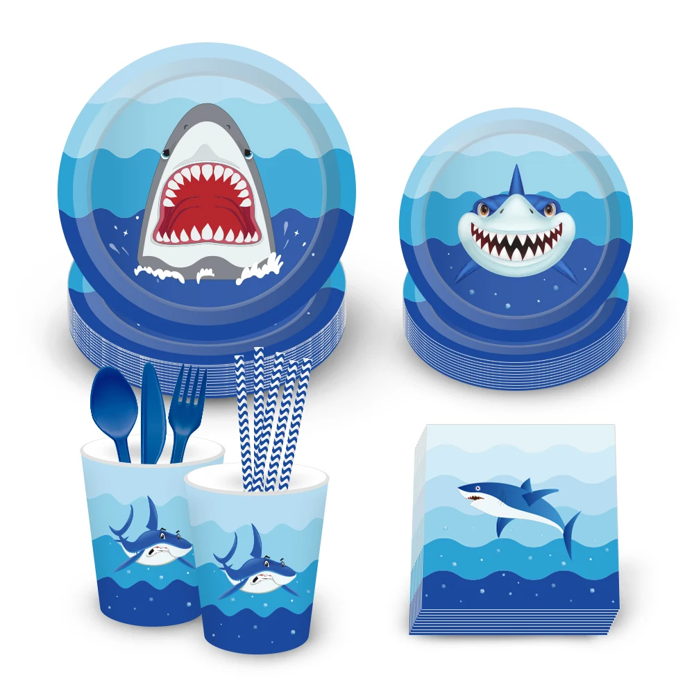 

Blue Shark Theme Party Plates Napkins Cups Disposable Tableware Sets Cartoon Kids Birthday Party Favors Supplies