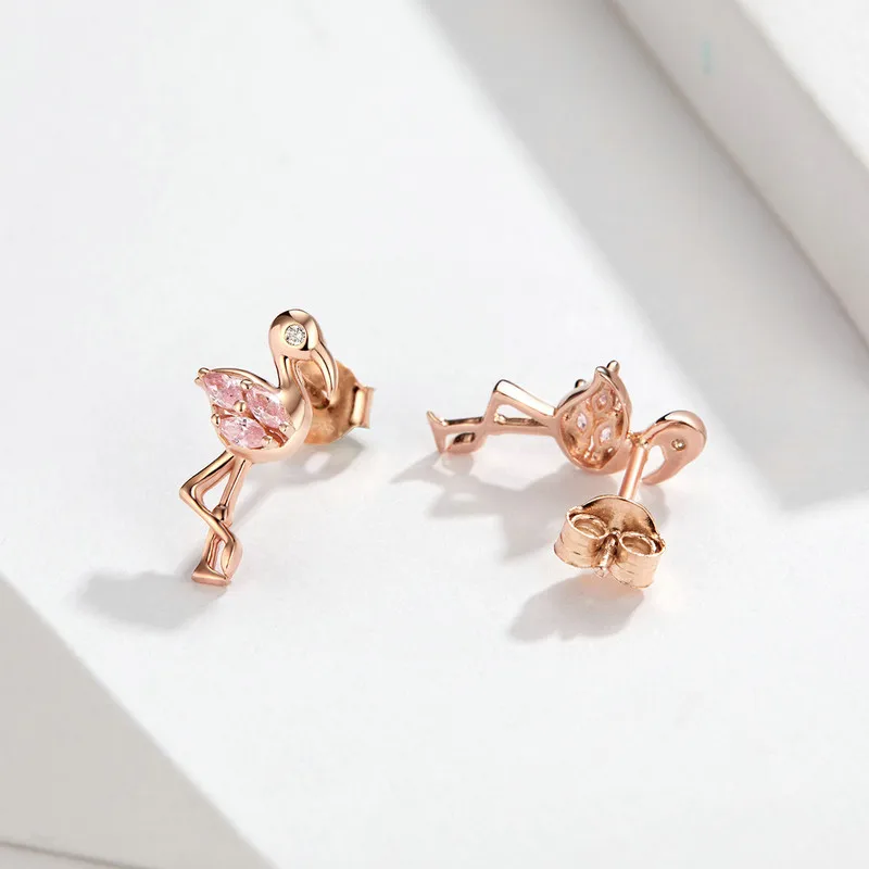 BISAER Flamingos Earrings 925 Sterling Silver Tropical Stud for Women Pink Zircon Jewelry EFE120 | Украшения и аксессуары