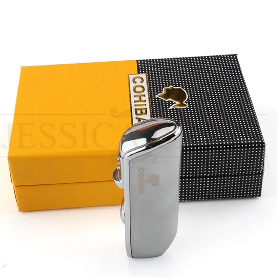COHIBA металлический сигарный фонарь, зажигалка, ветрозащитная карманная струйная сигаретная зажигалка, многоразовая Бутановая Зажигалка, Пуро зажигалка, подарочная коробка - Цвет: Серый