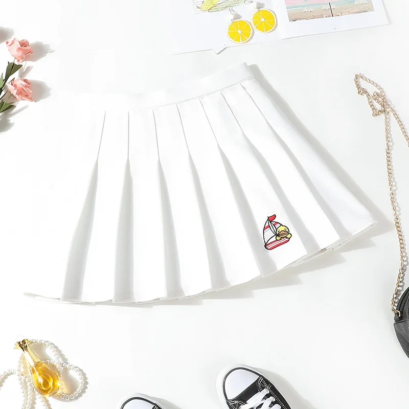 

Cute Cartoon Duck Embroidery Women Skirt High Waist A-Line Pleated Skirt Short Pants Elastic Waist Sweet Student Skirt S-XXL