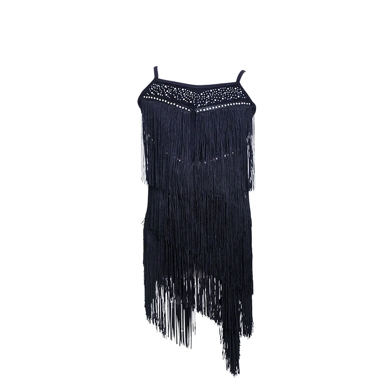 Костюм для латиноамериканских танцев черное платье с бахромой девочек детская