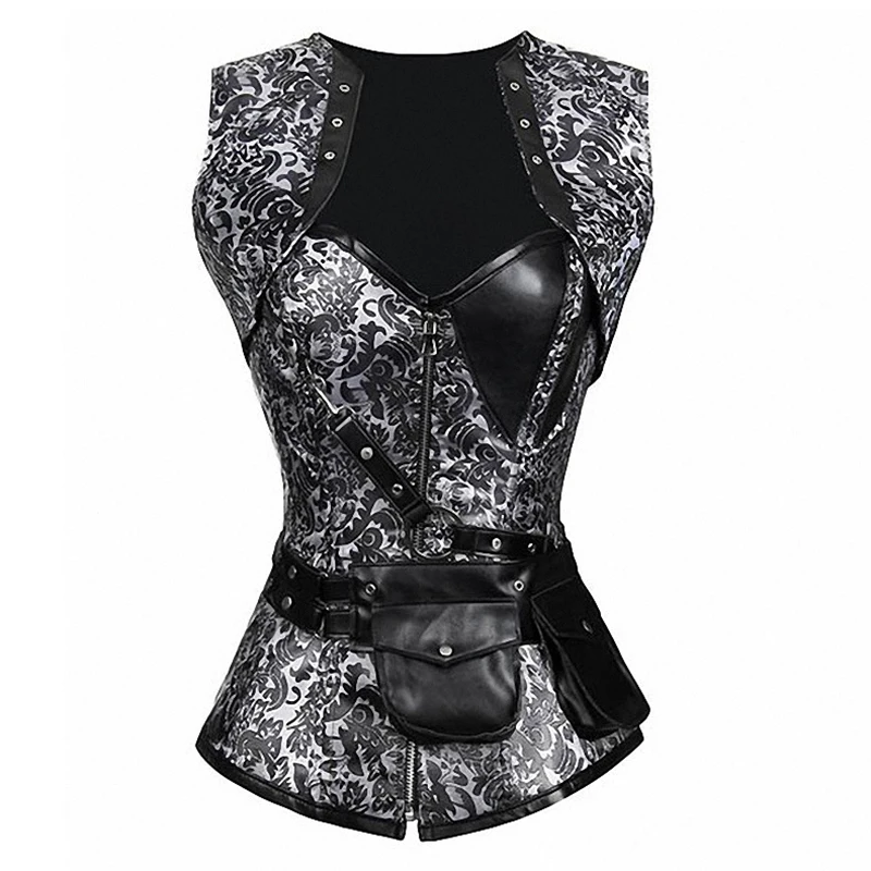 Серебряный корсет на молнии и бюстье стимпанк готический Топ с курткой винтажные