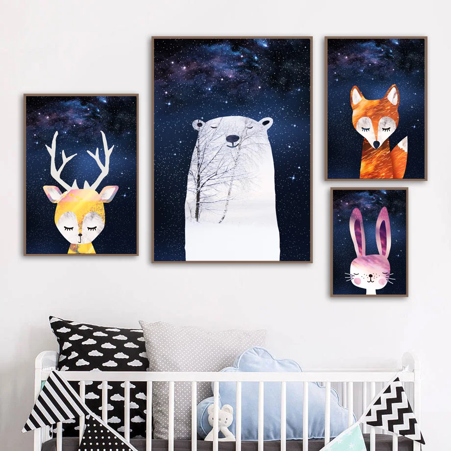 

Starry Cartoon Fox Bear Deer Rabbit Wall Art Canvas Painting Nordic Posters And Prints Wall Pictures For Kids Room Bedroom Decor