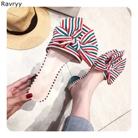 red green mixed color striped designer woman summer sandals retro style bowknot decor open toe slippers slip on flat female shoe