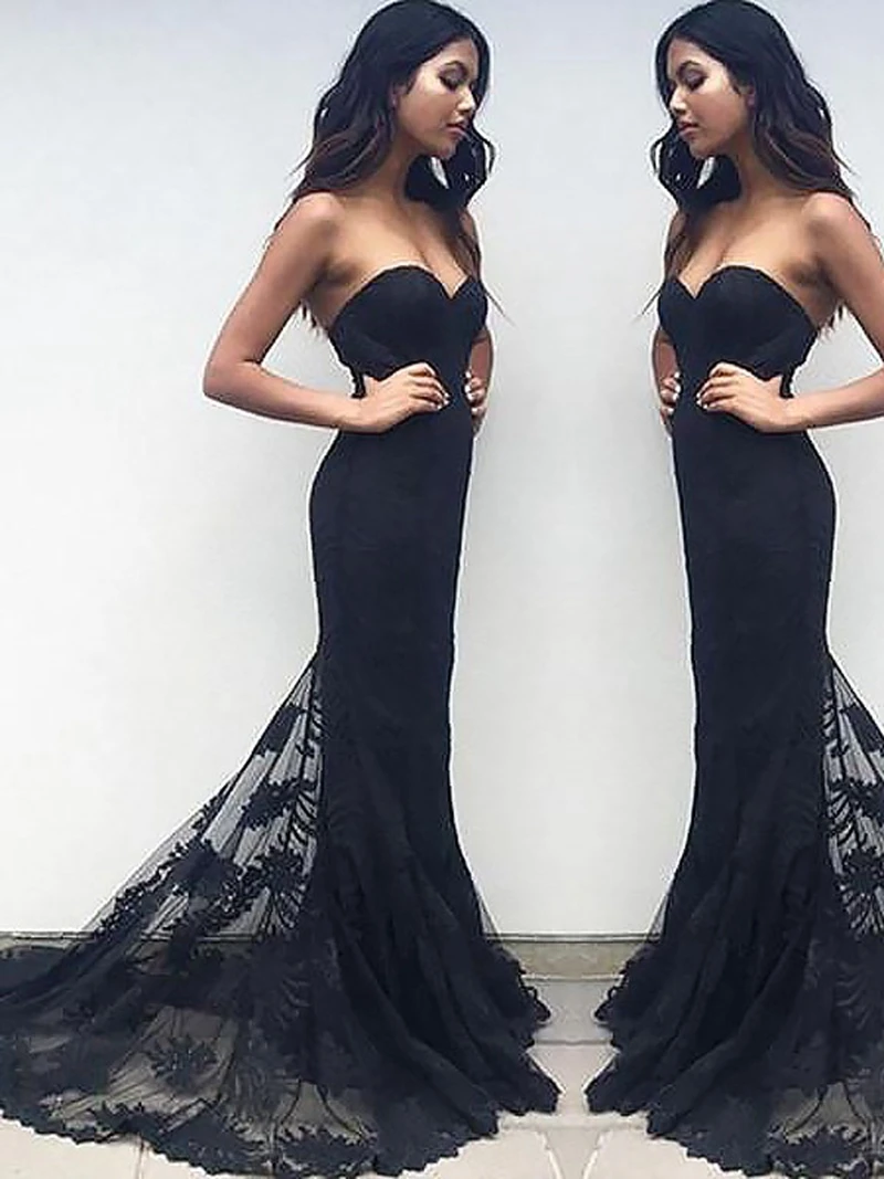 Черные вечерние платья 2019 платье с юбкой годе и вырезом сердечком официальное со