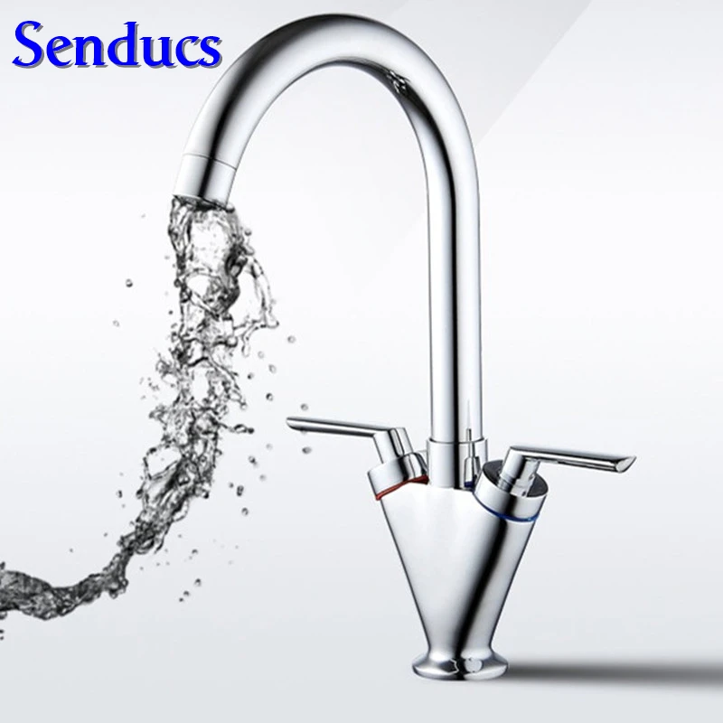 

Free shipping luxury dual handle kitchen faucet with deck mounted brass kitchen sink faucet from senducs sanitary ware