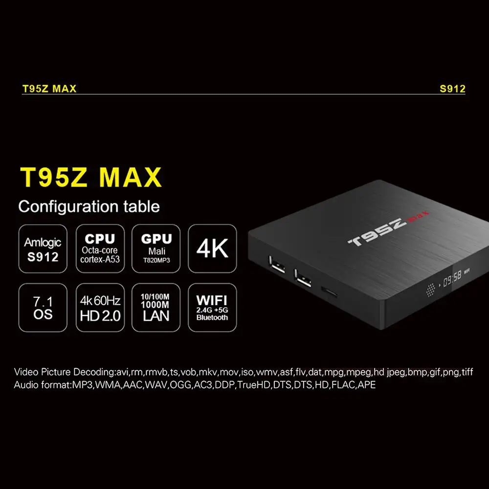 Vorke T95Z Max Android 7 1 Amlogic S912 2 GB/16 GB 3 GB/32 4 K ТВ коробка 4G/5G Dual Band WI-FI Gigabit LAN Bluetooth