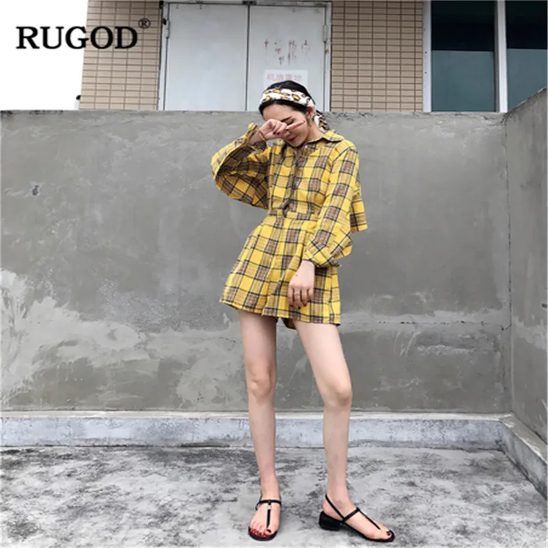 Женский винтажный костюм RUGOD клетчатый с длинными рукавами и короткими штанами в