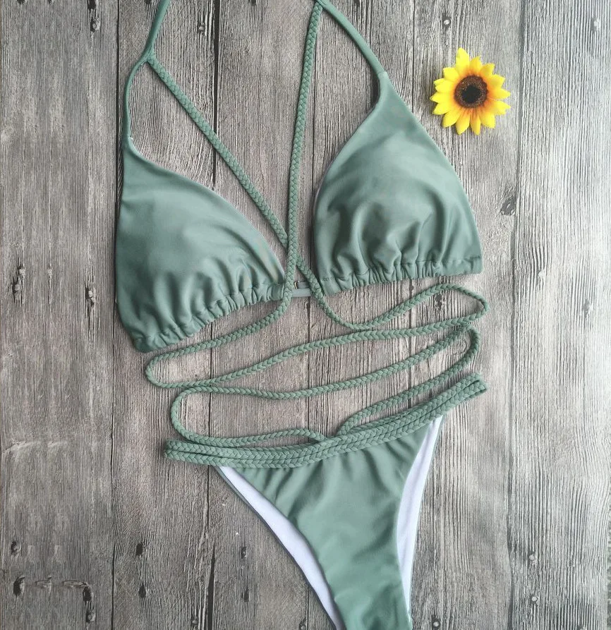 

Green Handmade Crochet Bikinis Cross Straps Swimwear Sexy Hollow Out Swimsuit Women Knitting Bathing Suits Beach Wear 2021