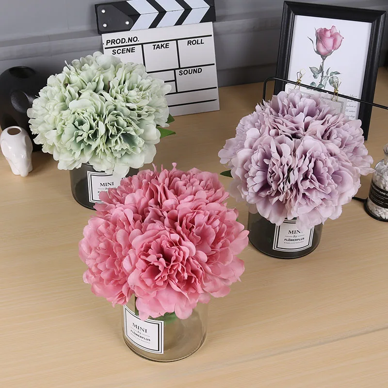 

5 Heads Artificial Peony Bouquet Silk Flowers Fake Leaves DIY Bridal Bouquet Artificial Flowers For Wedding Home Decoration