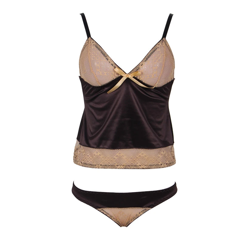 Женский кружевной комплект с открытой спиной Camisola Babydoll коричневого цвета