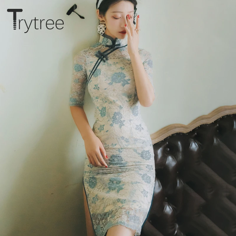 Летнее женское платье Trytree 2020 повседневные элегантные кружевные платья Ципао с