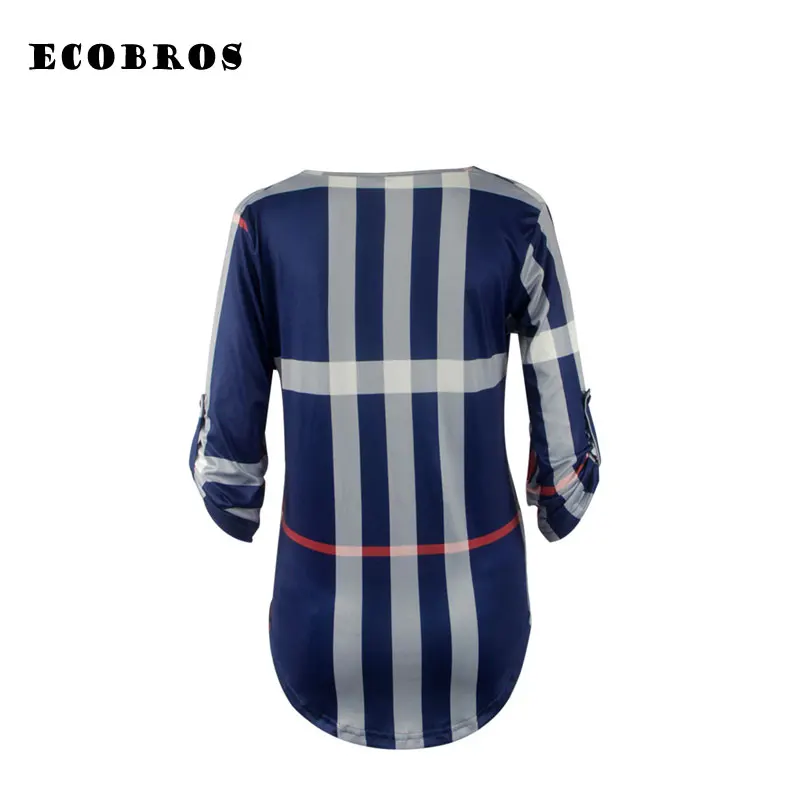 ECOBROS 2017 Новая Женщина Лето Футболка Мода Свободные V-образным Вырезом плед печать