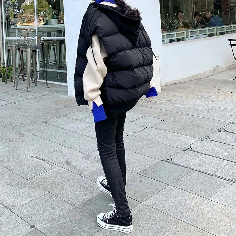 Осень зима корейский Свободный Harajuku жилет хлопковое пальто женские толстые большие размеры с капюшоном без рукавов куртки LQ608