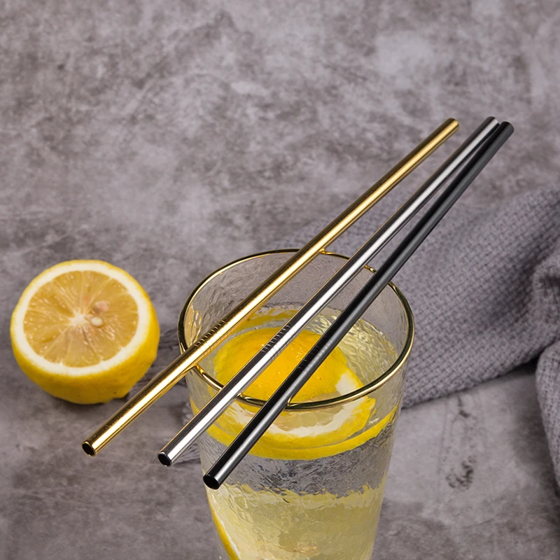 

304 Stainless Steel Metal Straw High Quality Reusable Drinking Straw with Cleaning Brush and Storage Pouch Golden