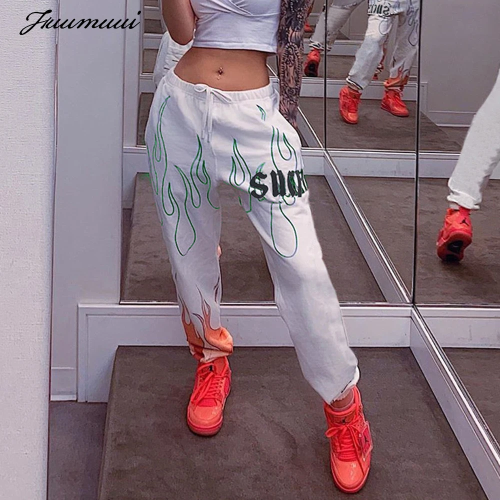 FUUMUUI Белый Пламя с принтом повседневные штаны Для женщин корейский стиль