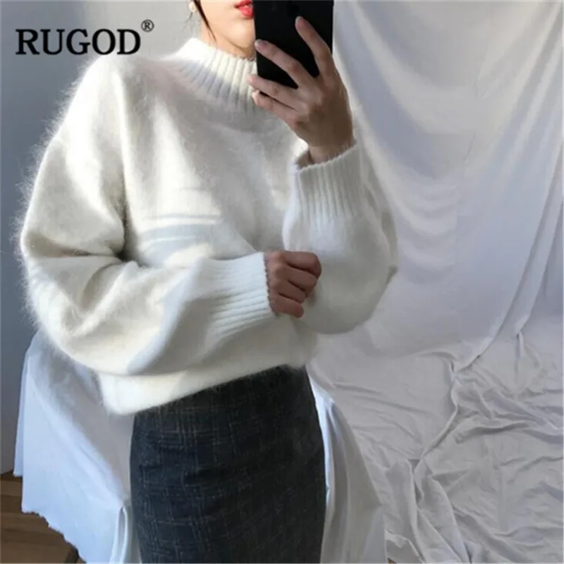 RUGOD, винтажные модные тонкие женские свитера, одноцветные, водолазка, повседневные женские пуловеры, вязанная зимняя одежда, pull femme hiver - Цвет: Белый