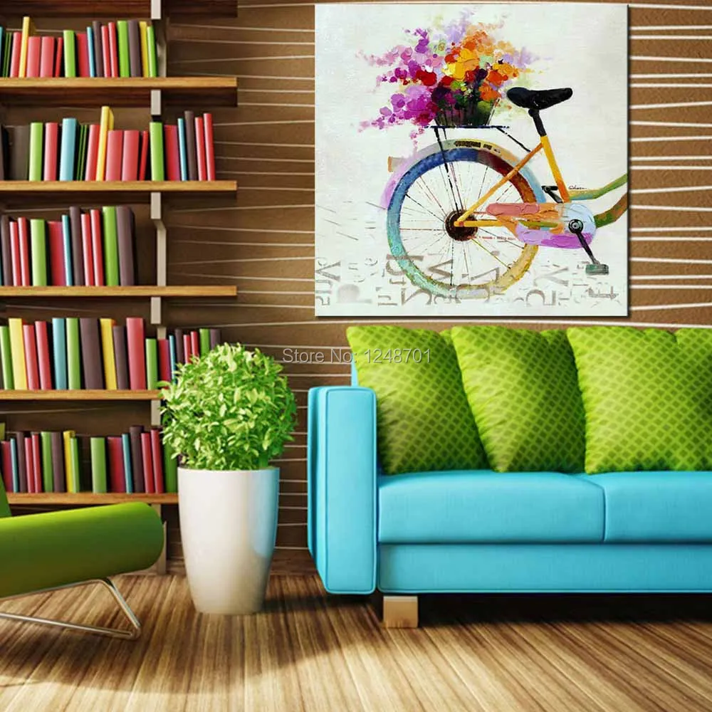 

Hand Painted Abstract Cartoon Bicycle Oil Paintings On Canvas Colorful Bicycle Wall Picture Children's Room Wall Art Home Decor