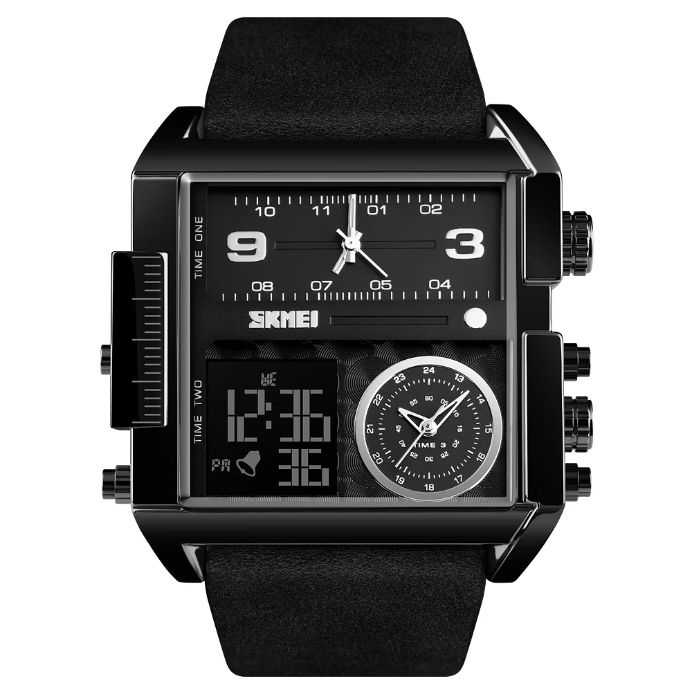 SKMEI Luxury Watch Men Quartz Wristwatches 3Bar Waterproof Leather Strap Big Dial Business LED Digital Sport Clock New | Наручные часы