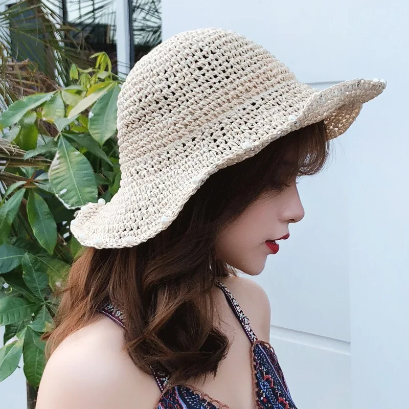 New fashion and beautiful Summer handmade bow with pearl trim Collapsible sun hat Holiday must-haves | Аксессуары для одежды