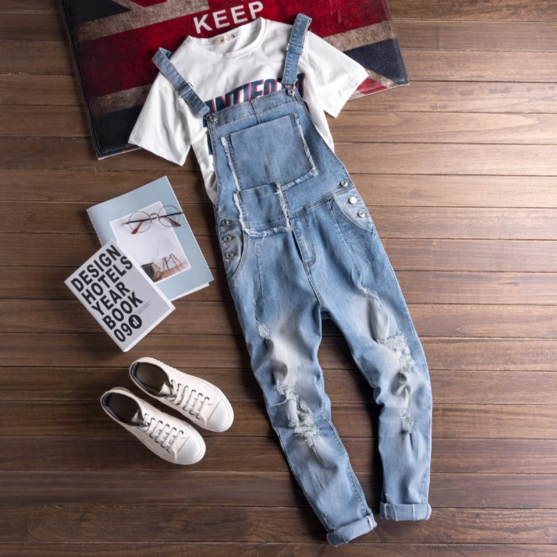 Модные синие джинсовые комбинезоны на весну и осень облегающие мужские в стиле