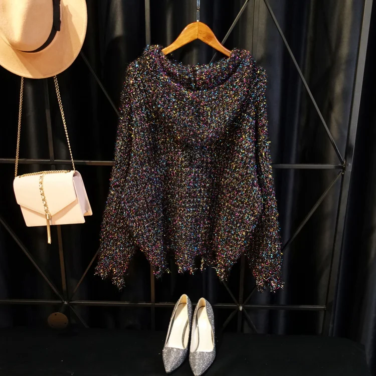 Cakucool New Gold Silver Lurex Sweater Autumn Hooded Long Sleeve Jumpers Ripped Holes Bling Casual Knit Pull Sweaters Top Female | Женская