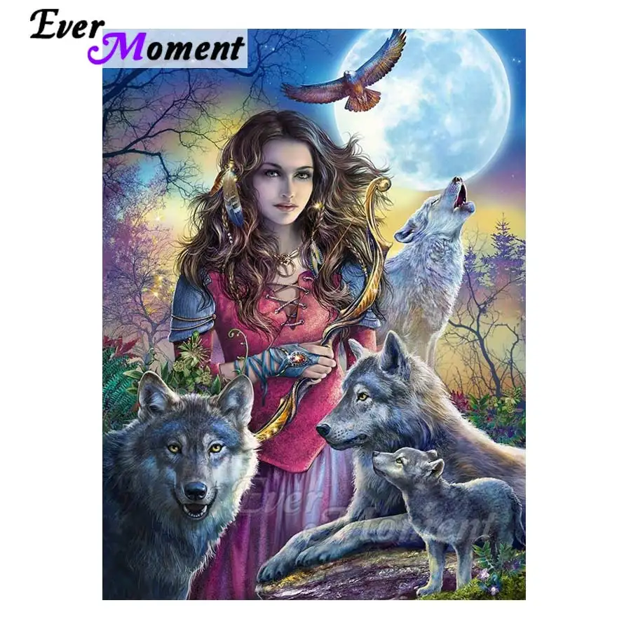 Алмазная живопись с изображением женщины и волка Луны 5D сделай сам рукоделие