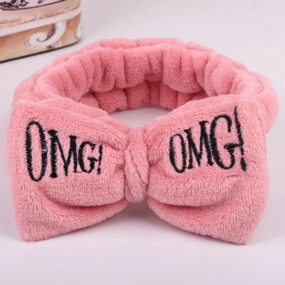 Dark Pink Широкая повязка на голову с милым бантом и вышитыми буквами OMG для женщин и девочек; эластичная фланелевая повязка на голову для макияжа; полотенце ярких цветов - Цвет: Dark Pink